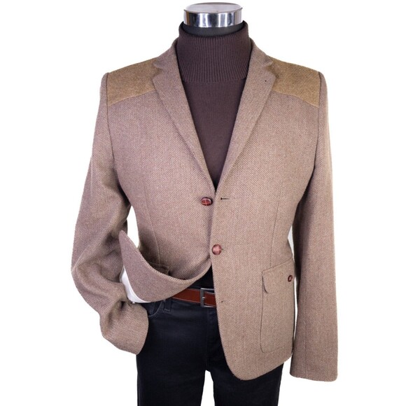 Topman Herringbone Beige Blazer Sport Coat Jacket Size 42R 3-Button Extra Slim - Picture 2 of 15